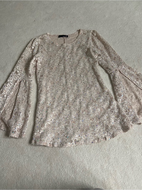Laura Tops - Sequin Lace Bell-Sleeve Blouse - Light Blush